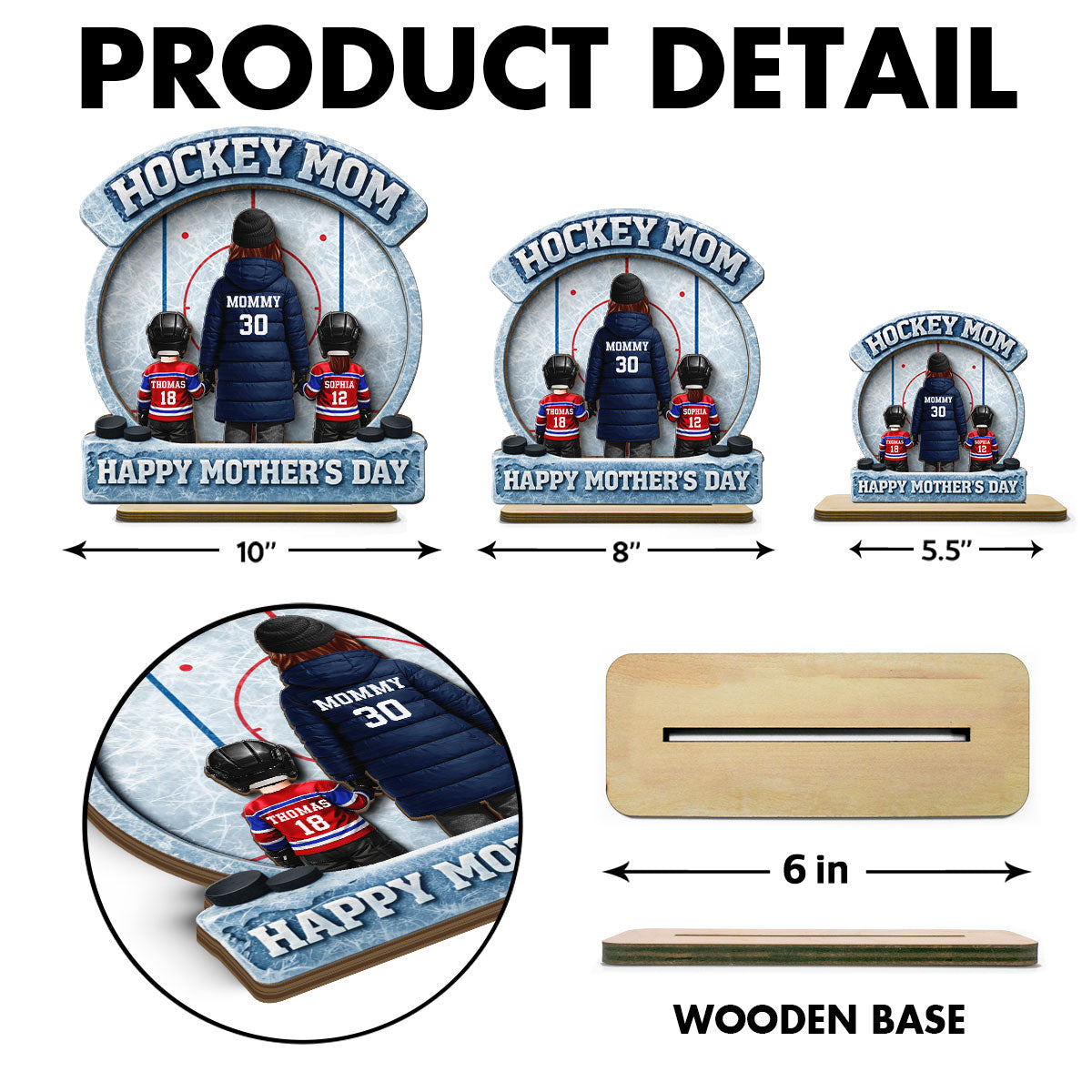 Hockey Mom Back View And Kids - Personalized 2-Layered Wooden Plaque - Mother's Day Gift For Hockey Mom