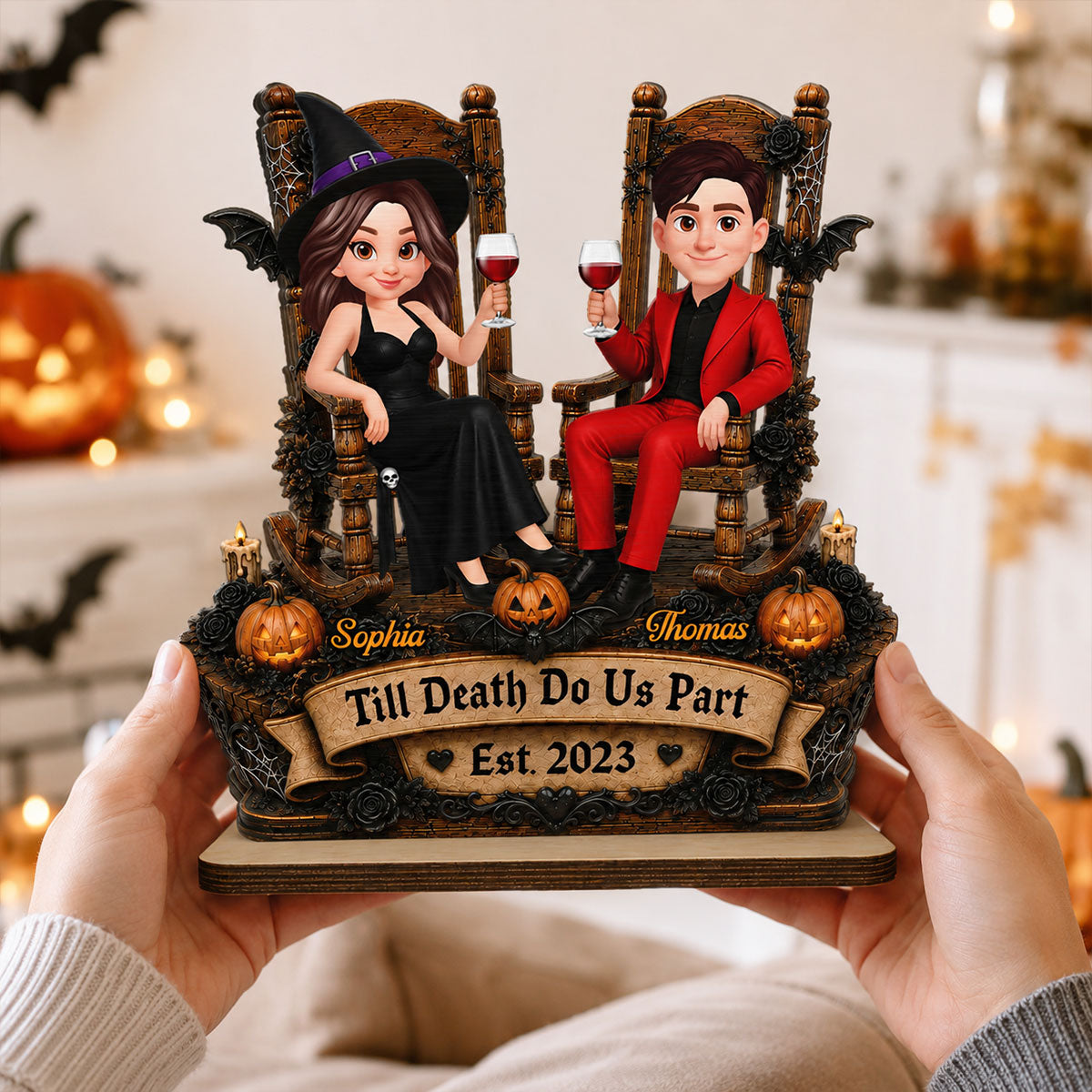 Trending Halloween Couple Sitting - Personalized 2-Layered Wooden Plaque - Halloween Decoration For Couple
