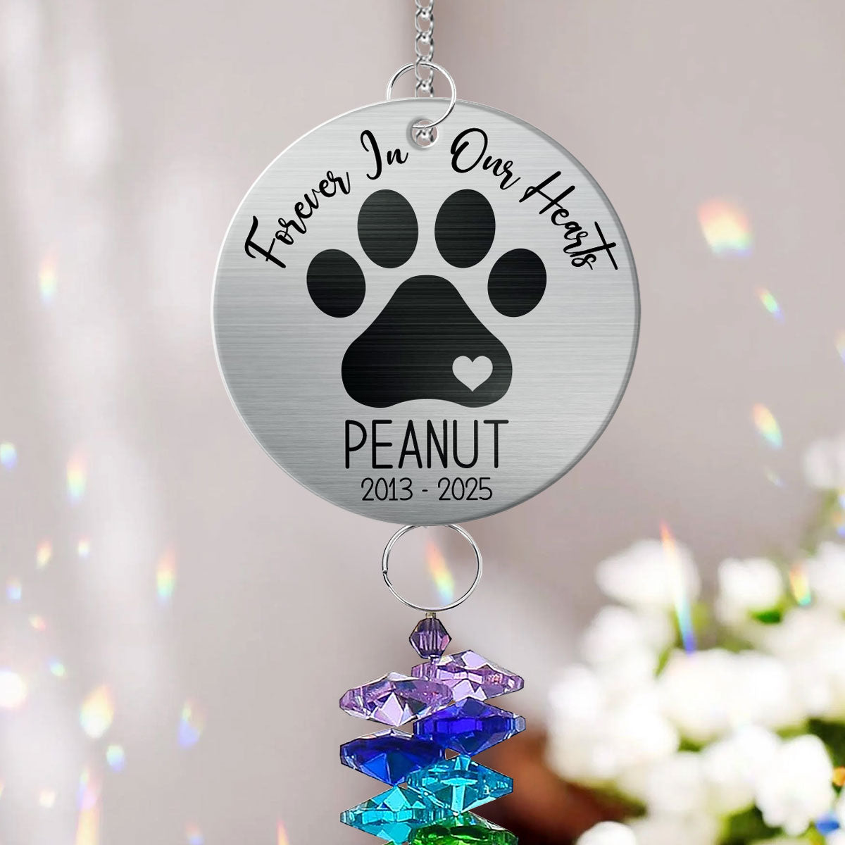 Pet Dog Memorial Forever In Our Hearts Personalized Crystal Suncatcher With Aluminum Charm