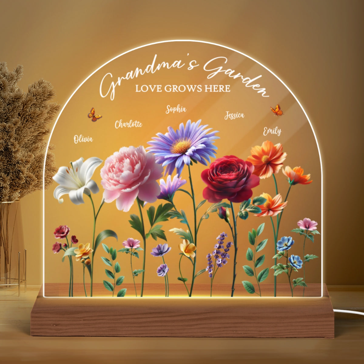 Grandma's Garden 3D Effect Birth Month Flowers Personalized Custom Shape Acrylic Warm LED Night Light