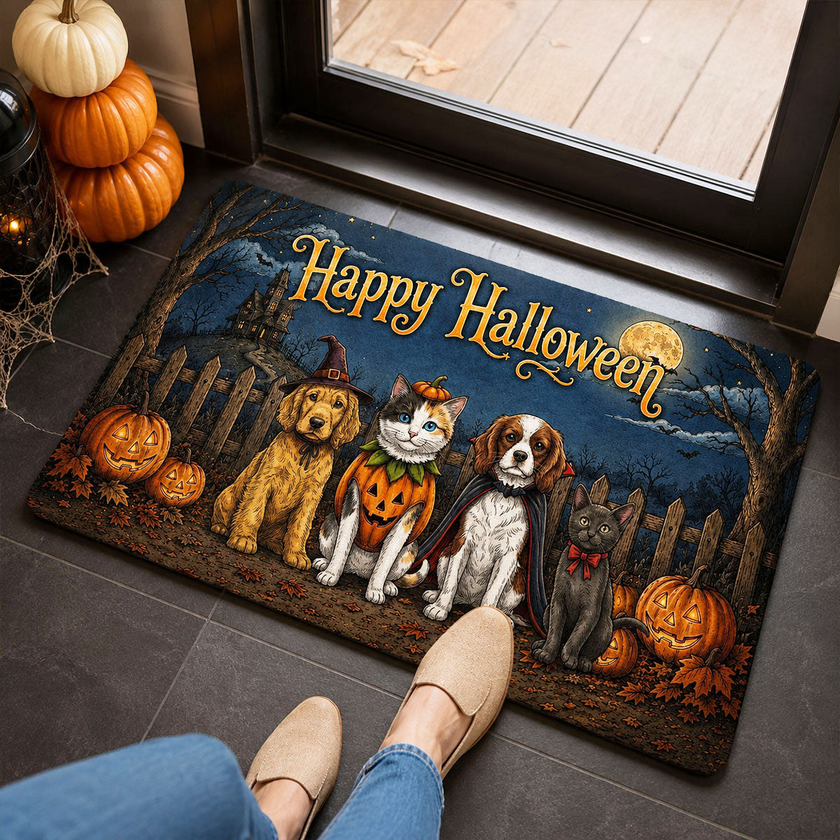 Vintage Dog Cat Halloween Night Photo Upload - Personalized Doormat - Halloween Gift For Dog Mom, Cat Mom