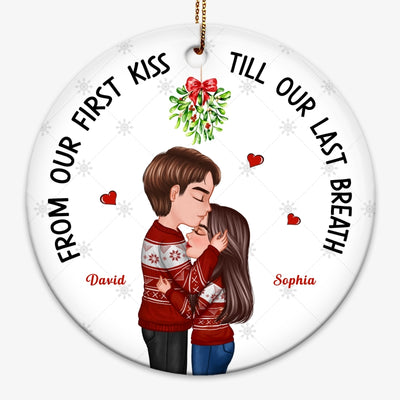 Doll Couple Kissing Under Mistletoe Personalized Circle Ornament