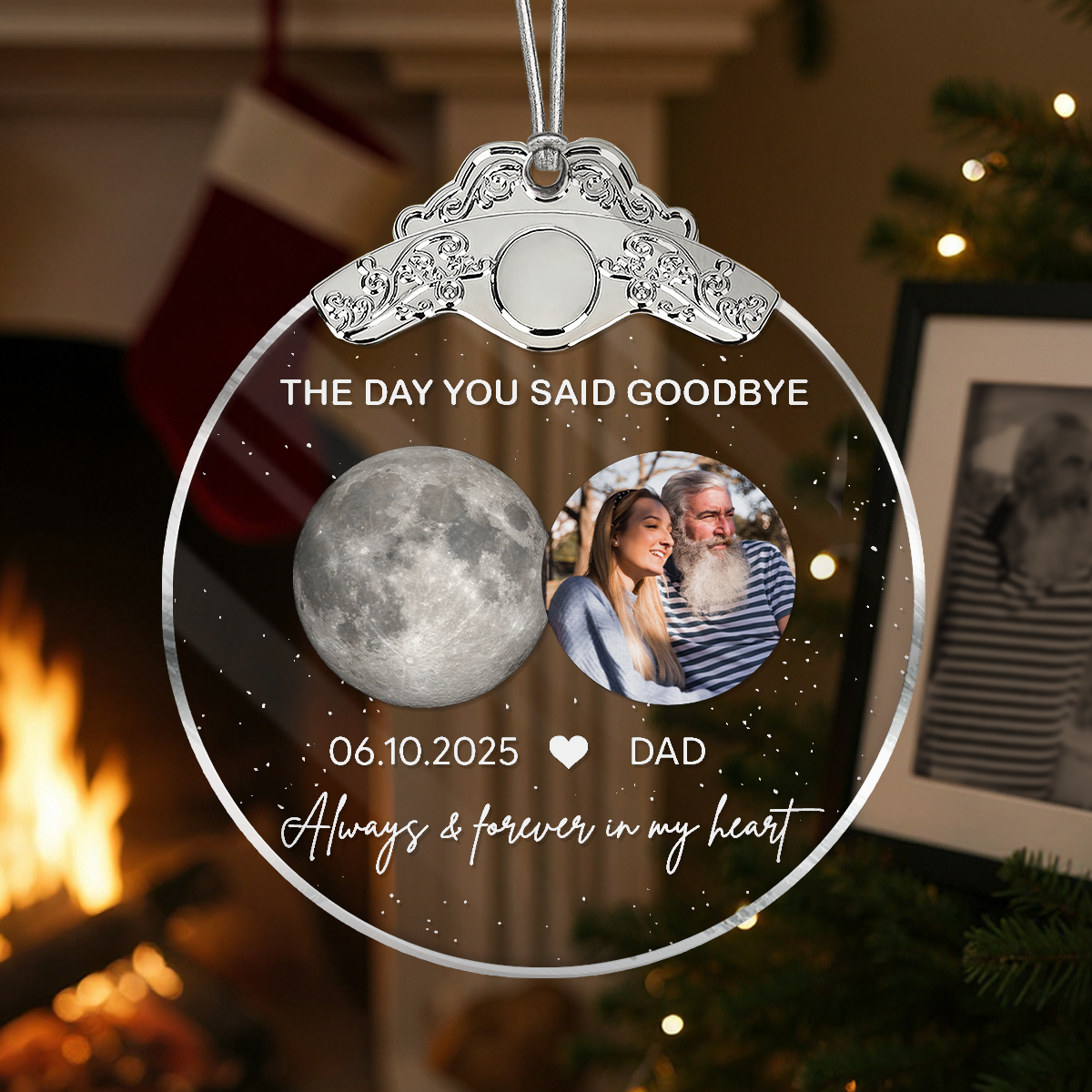 The Day You Said Goodbye Custom Moon Phase Upload Photo - Personalized Glass Ornament With Silver Cap - Heartwarming Memorial Sympathy Gift