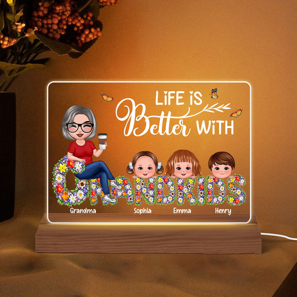 Grandma Grandkids On Floral Words Personalized Acrylic Custom Shape LED Night Light