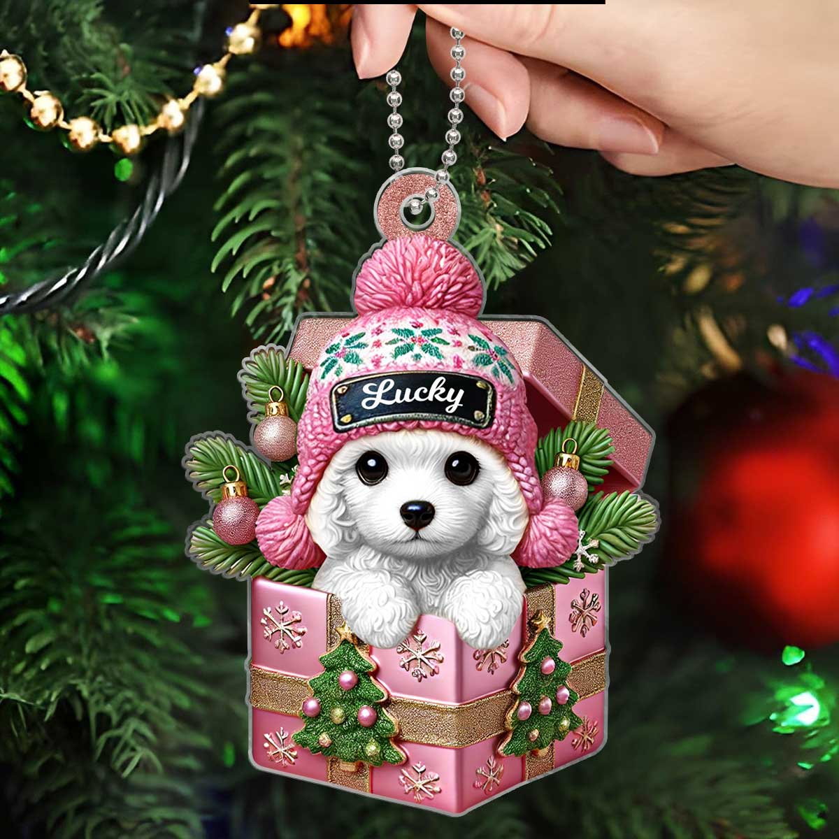 Cute Poodle Dog Inside Gift Box Personalized 2D Flat Acrylic Ornament, Christmas Gift for Dog Lovers