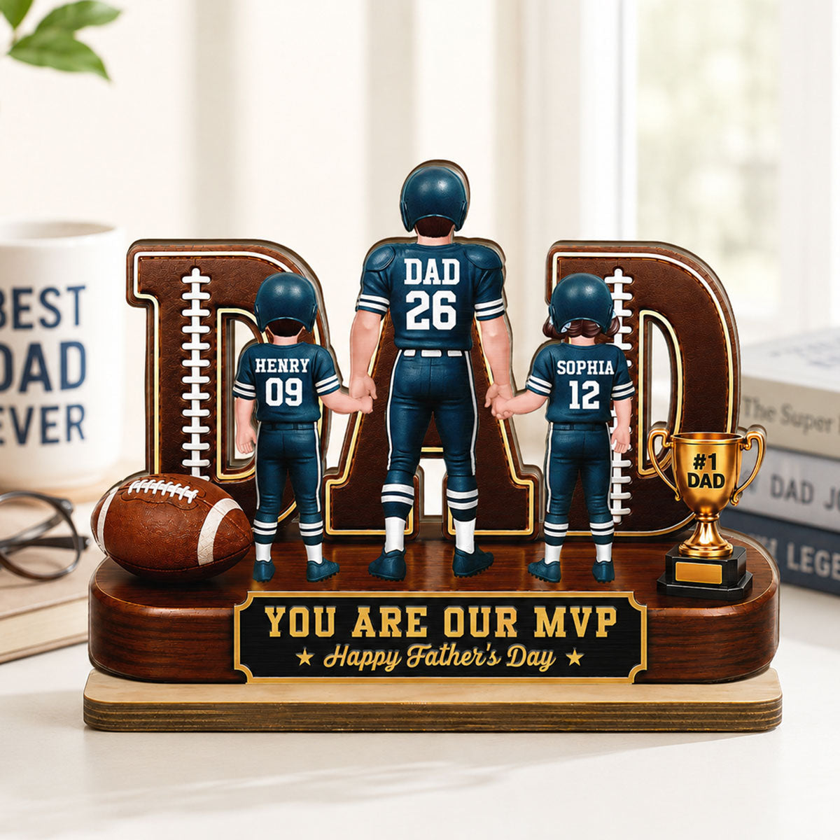 American Football No 1 Dad Legend Daddy's Dream Team - Personalized 2-Layered Wooden Plaque - Father's Day Gift For Dad