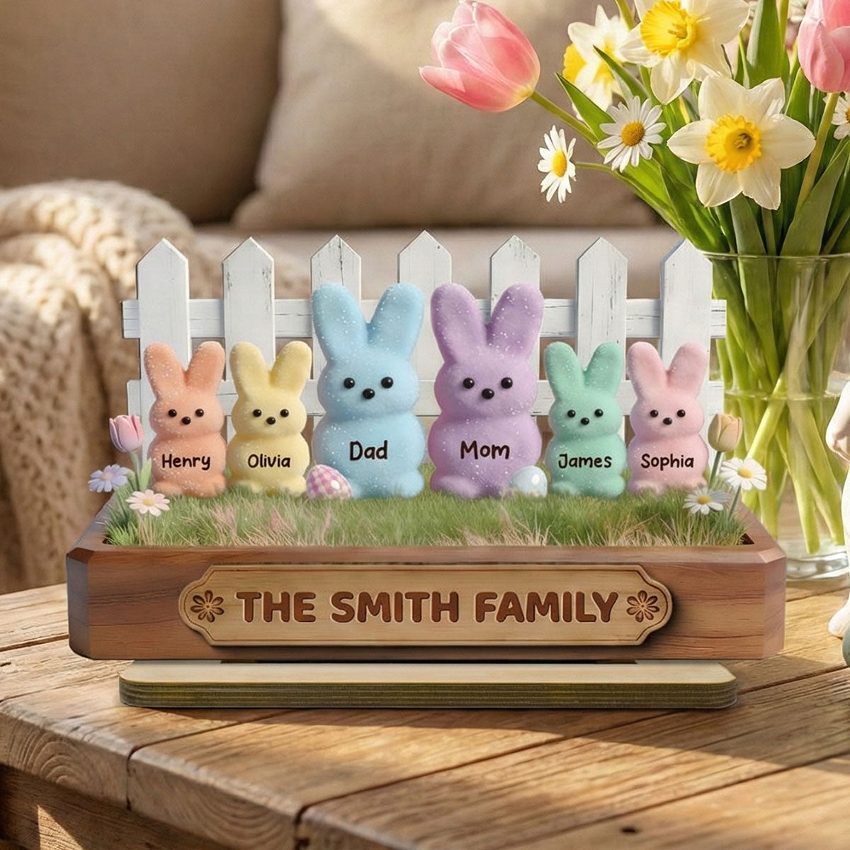 Easter Bunnies Family - Personalized 2-Layered Wooden Plaque - Gift For Family, Easter Decoration