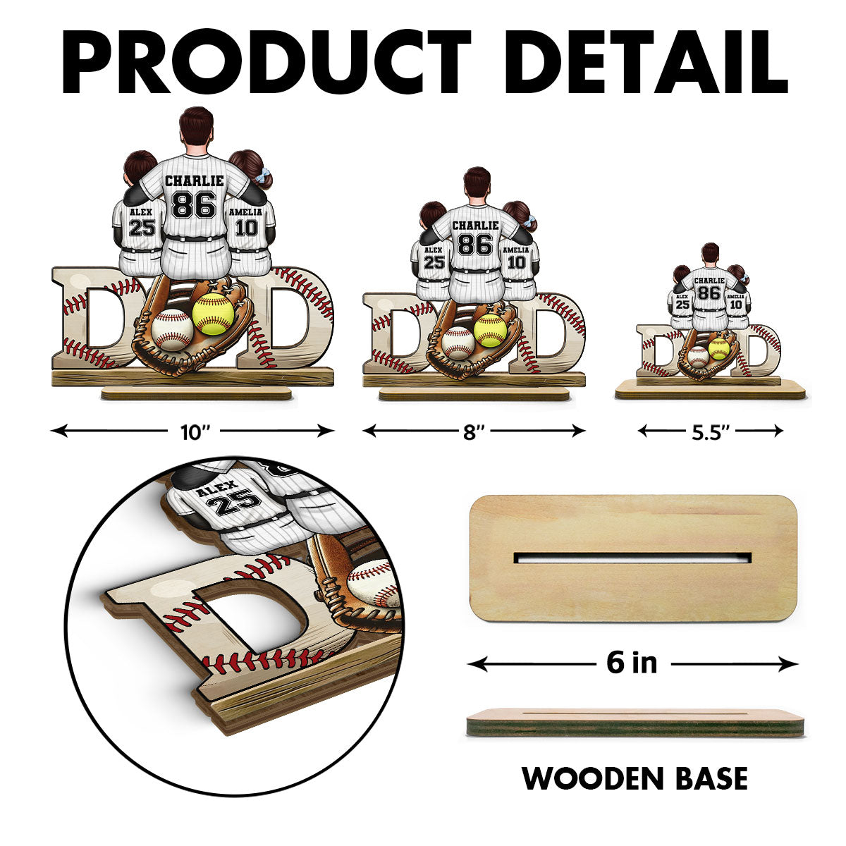 Baseball Softball Dad & Kids Glove Personalized 2-Layer Standing Wooden Plaque,  Gift for Dad, Gift for Husband