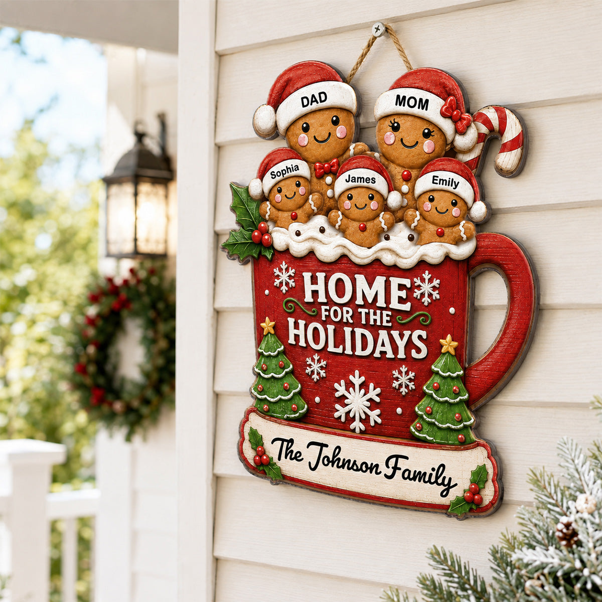 Gingerbread Family In Hot Cocoa 2D Flat - Personalized Wood Sign - Christmas Decor For Family