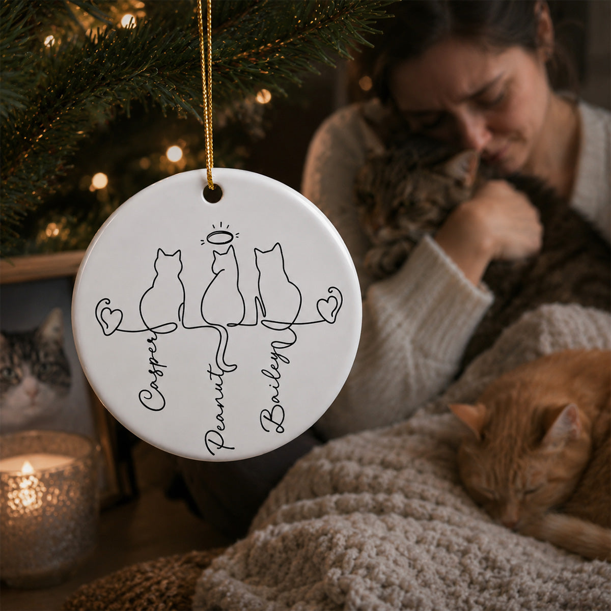 Cats Ornament - Personalized Ceramic Ornament - Cat Lover Gift, Pet Memorial Ornament, Cat Family Keepsake