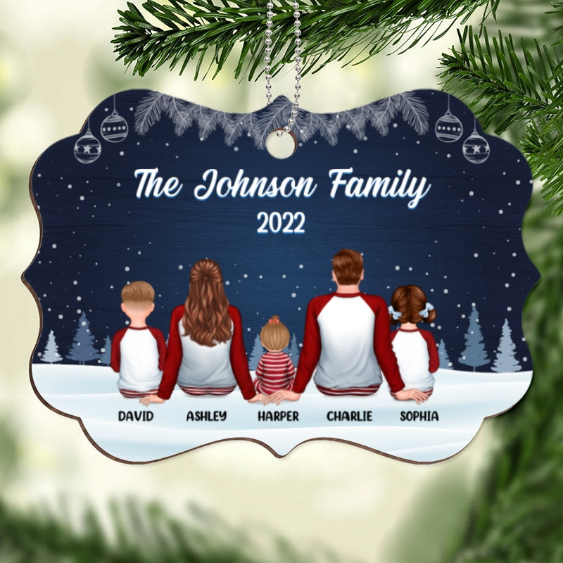 Christmas Night Pajamas Family Sitting Personalized Wooden Ornament