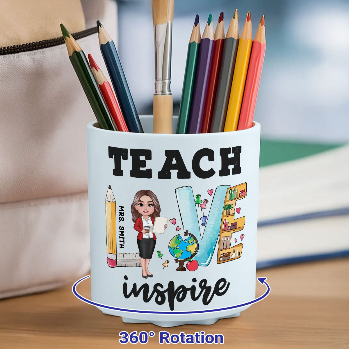 Teach Love Inspire Doll Teacher Pattern Personalized Rotating Pen Holder, Back To School Gift, Teacher Appriciation Gift