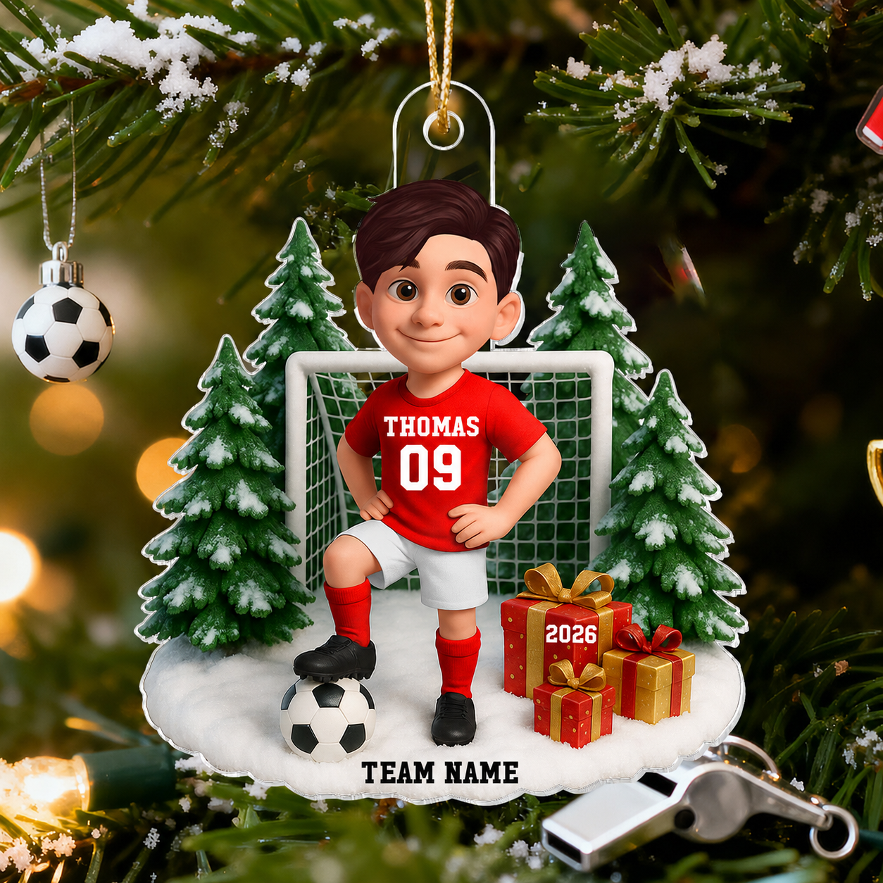 3D Effect Christmas Soccer Player - Personalized Acrylic Ornament - Gift For Soccer Players, School Soccer Team
