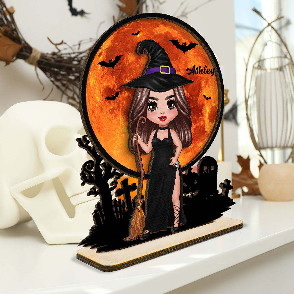 Witch Under Halloween Moon Tabletop Tier Tray Wicca Pagan Decor Personalized 2-Layer Standing Wooden Plaque