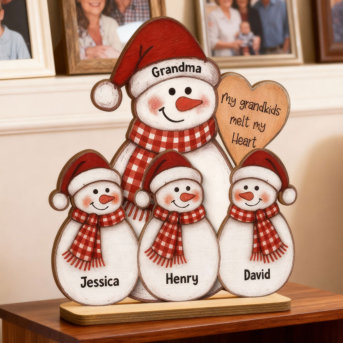 Folk Art Cute Snowman Grandma & Grandkid - Personalized 2-Layer Wooden Plaque - Christmas Decor