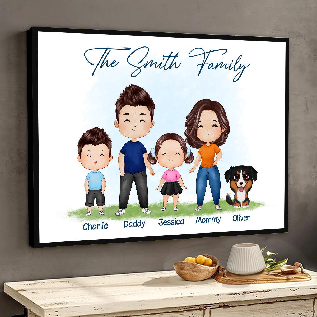 Whole Happy Doll Family Couple Dad Mom Kid Dog Cat Watercolor Style Personalized Horizontal Poster