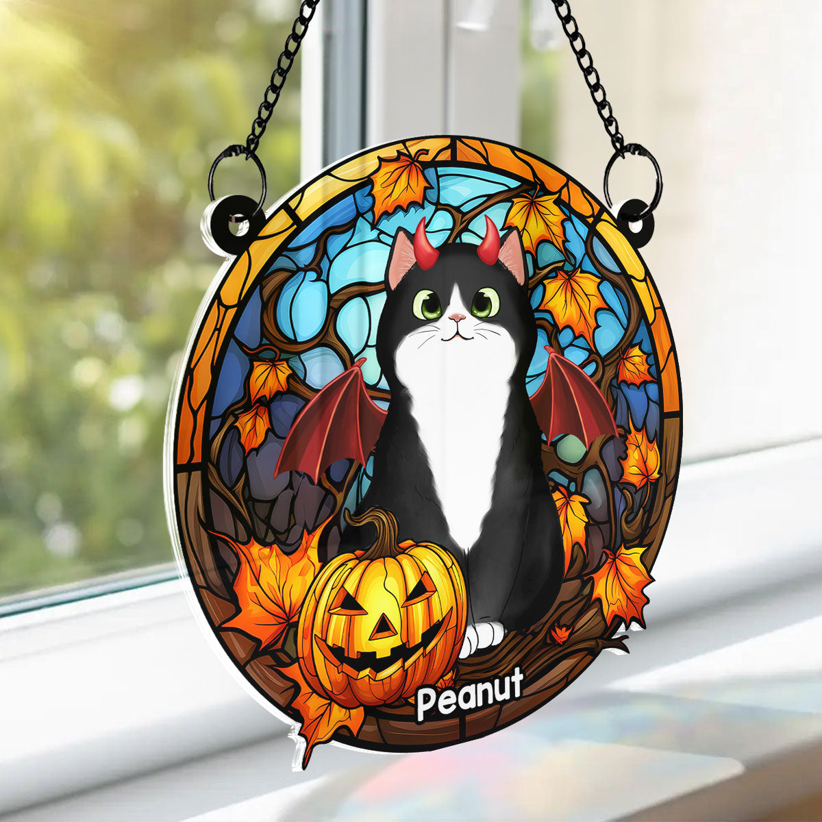 Cat Halloween Personalized Suncatcher, Window Hanger, Halloween Decor