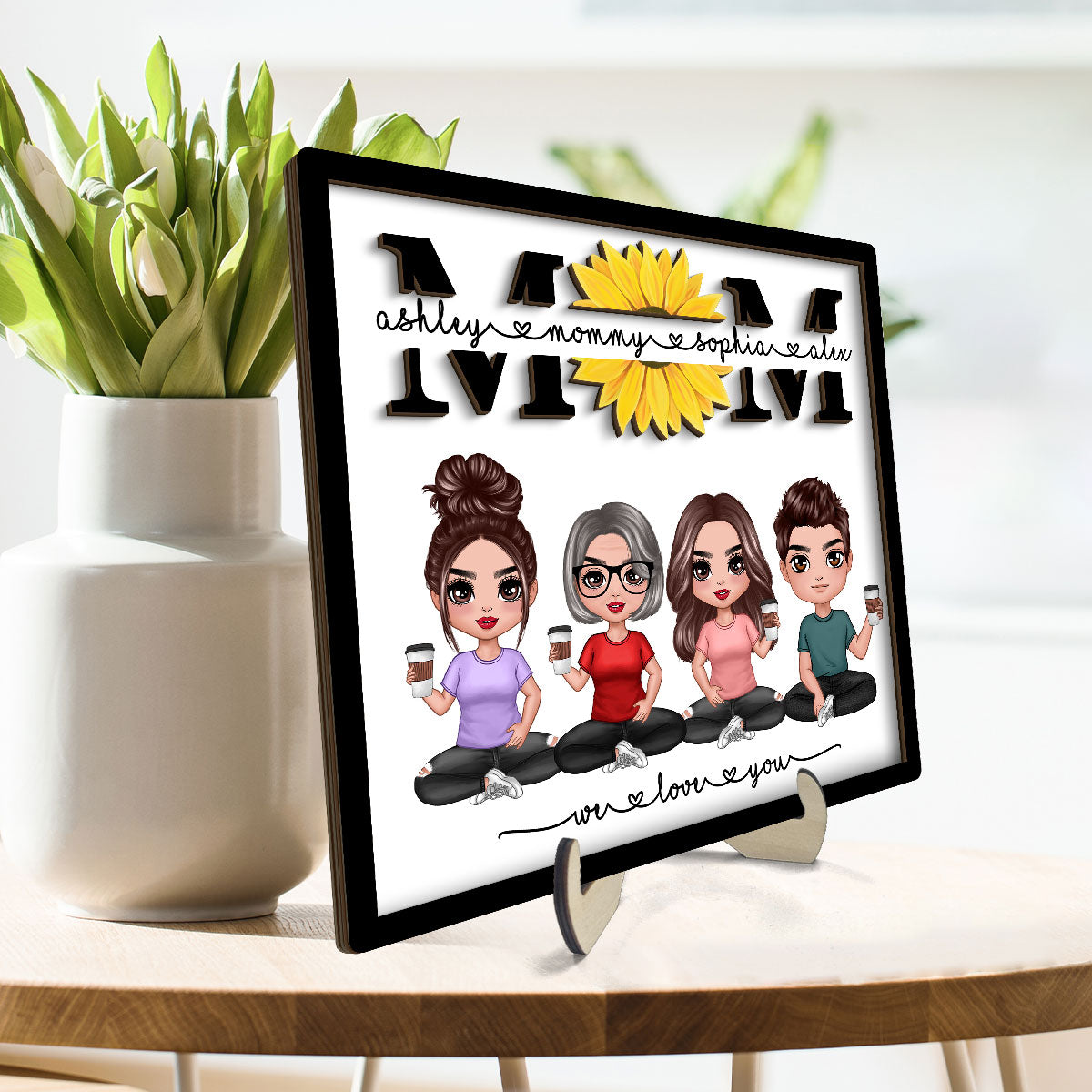 We Love You Mom Sunflower Doll Sitting Personalized 2-Layer Wooden Plaque
