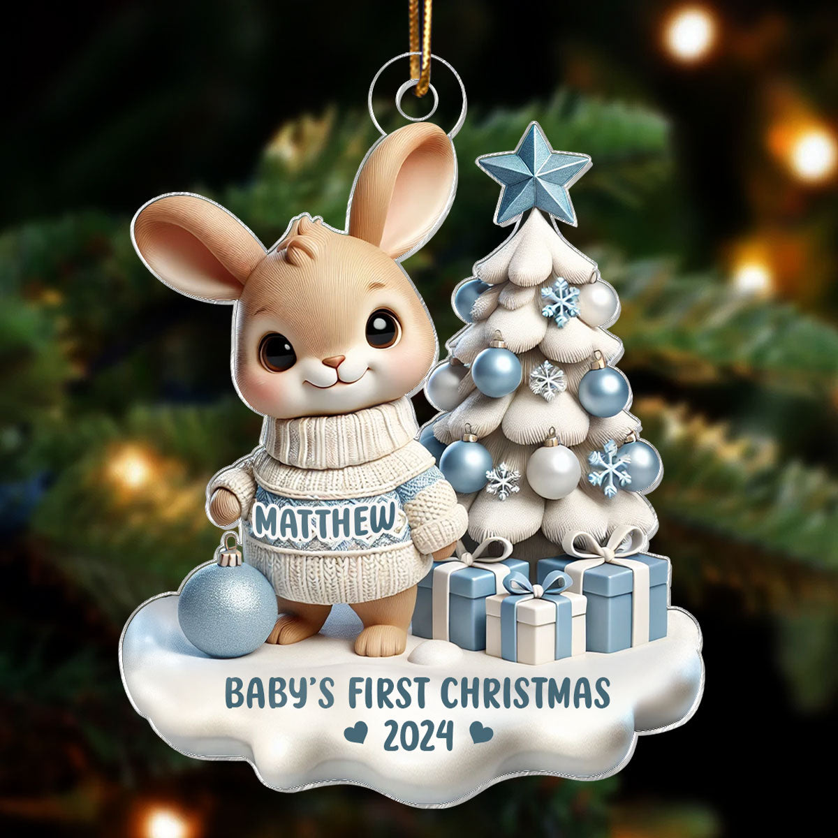 3D Effect Cute Bunny Baby's First Christmas Personalized Acrylic Ornament, Christmas Gift For Newborns, New Grandparents