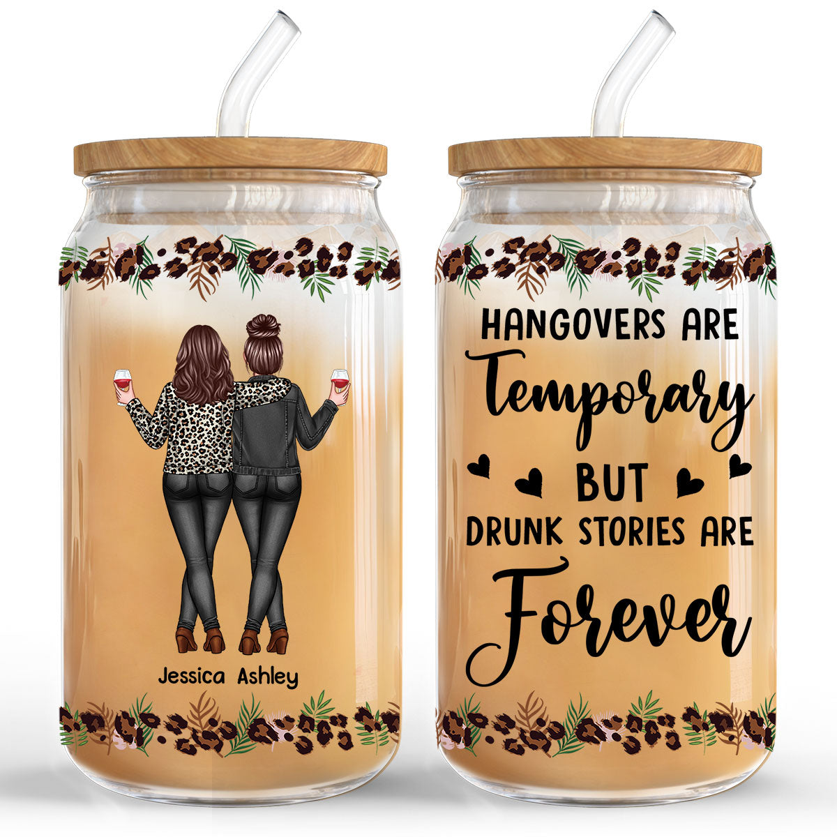 Leopard Back View Besties Personalized Clear Glass Can