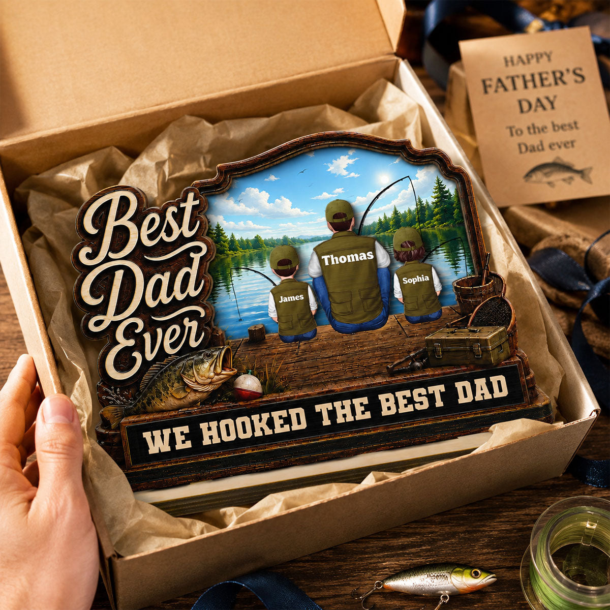 We Hooked The Best Dad Papa Fishing Man & Kids Back View 2D Flat - Personalized 2-Layered Wooden Plaque - Father's Day Gift For Hunting Dad, Grandpa
