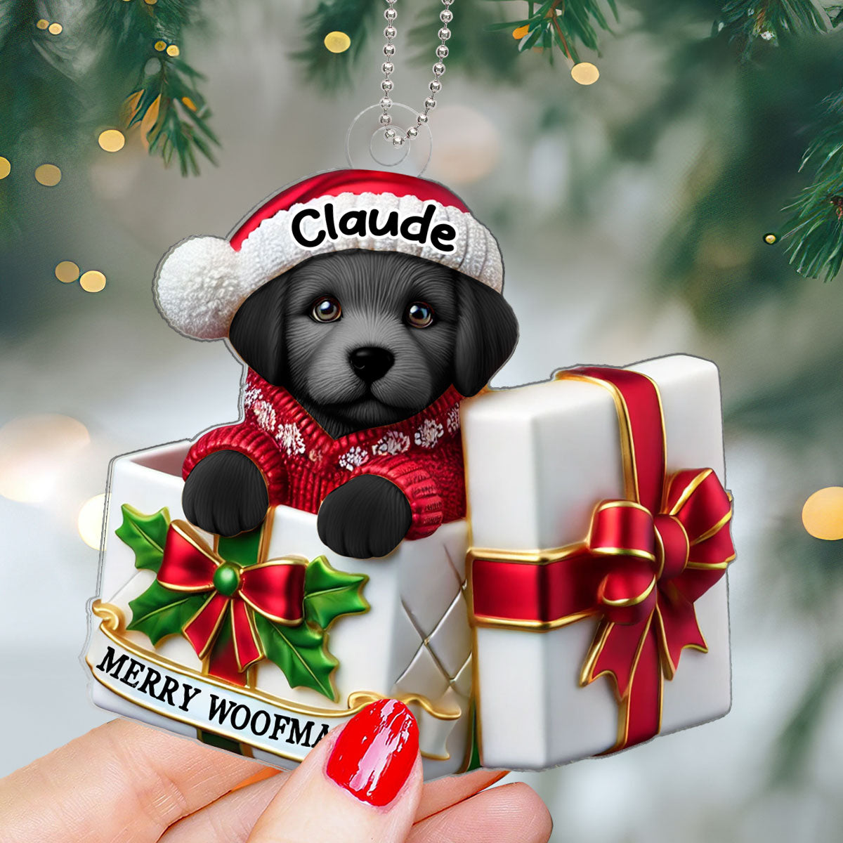 Cute Labrador Dog Inside Red Gift Box Personalized 2D Flat Acrylic Ornament, Christmas Gift for Dog Lovers