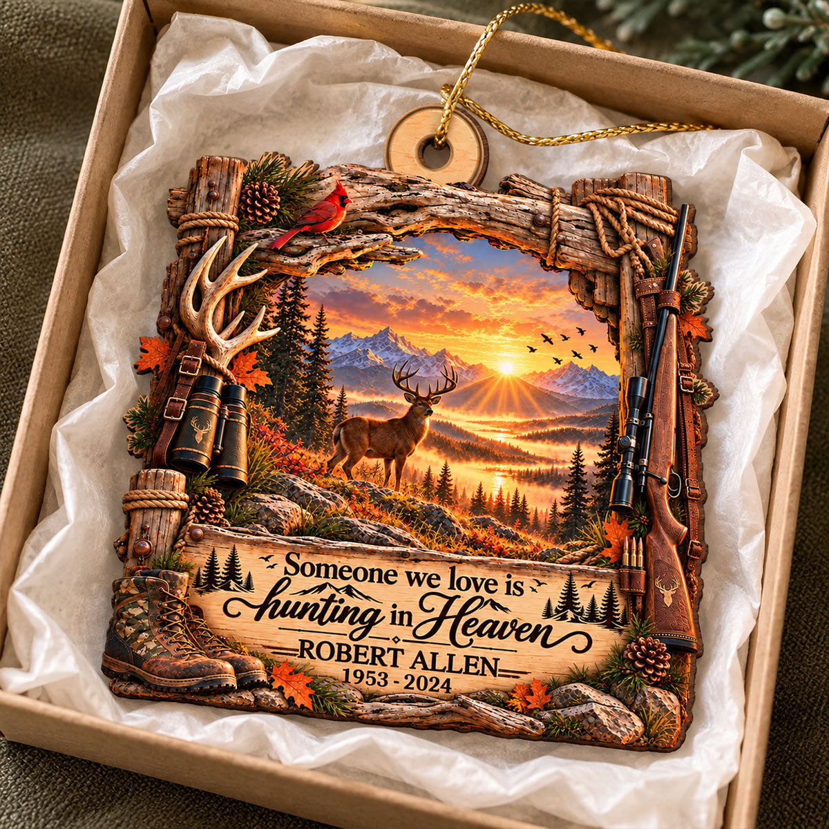 Hunting In Heaven Deer Hunting 2D Flat - Personalized Wooden Ornament - Memorial Sympathy Gift