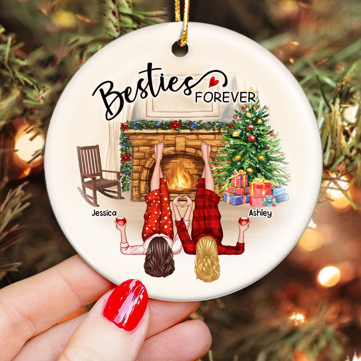 Sisters Besties By The Fireplace Personalized Ceramic Ornament, Christmas Gift for Besties, Sisters