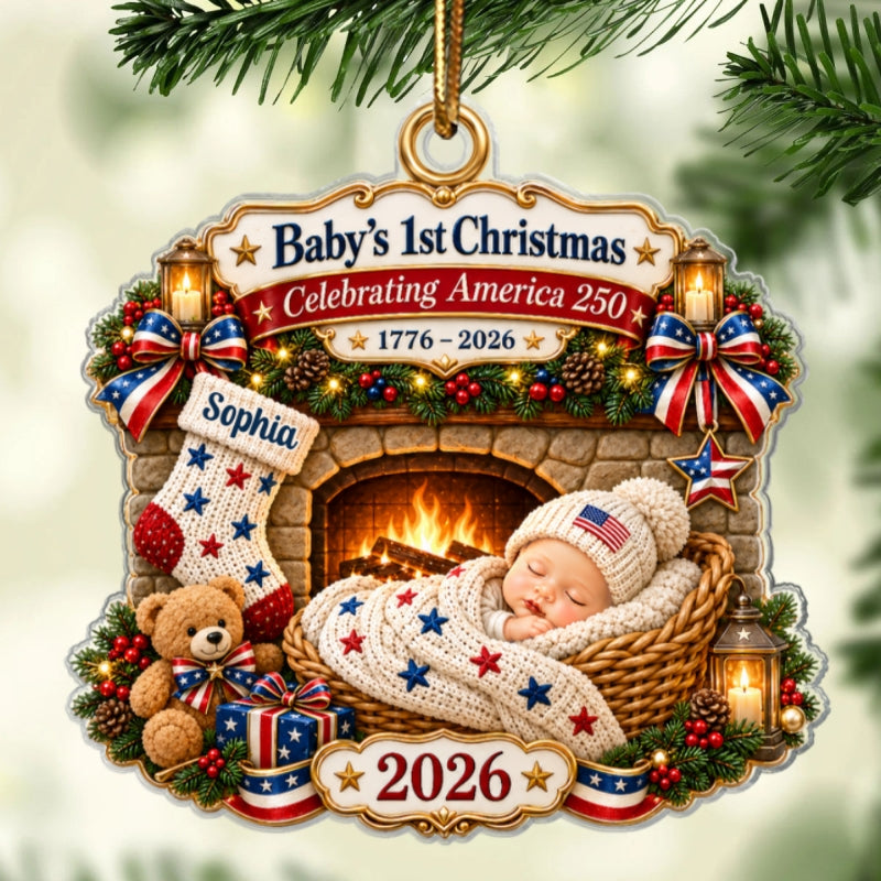 Baby By Fireplace Baby's First Christmas 2D Flat - Personalized Acrylic Ornament - 250th America 1776 - 2026 Anniversary, Patriotic Christmas Decor, Gifts for New Parents