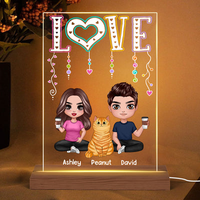 LOVE Happy Doll Man Woman Couple With Cats You Me And The Cats Personalized Rectangle Acrylic Plaque LED Night Light