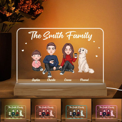 Whole Cute Family Couple Dad Mom Kids Dogs Cats Sitting Personalized Custom Shape Horizontal Rectangle Acrylic Plaque LED Night Light