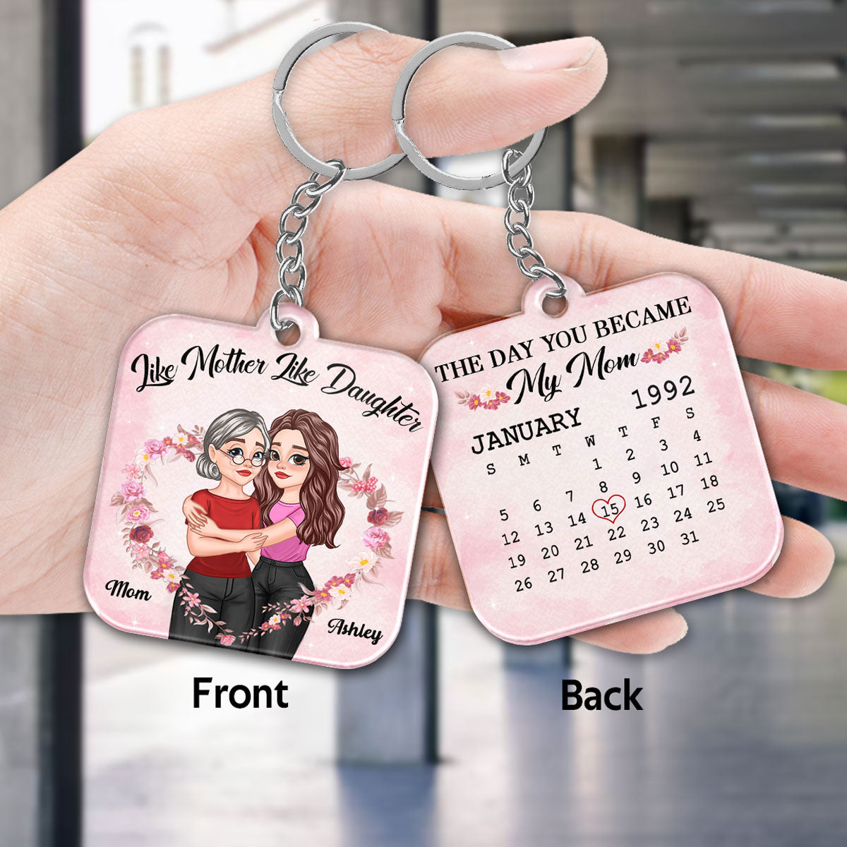 Cartoon Hugging Mother Daughter Calendar Date Personalized Acrylic Keychain