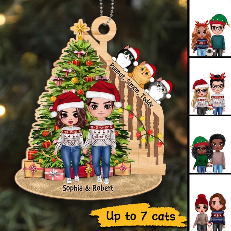 Couple And Cats Christmas Tree And Stair Personalized Wooden Ornament