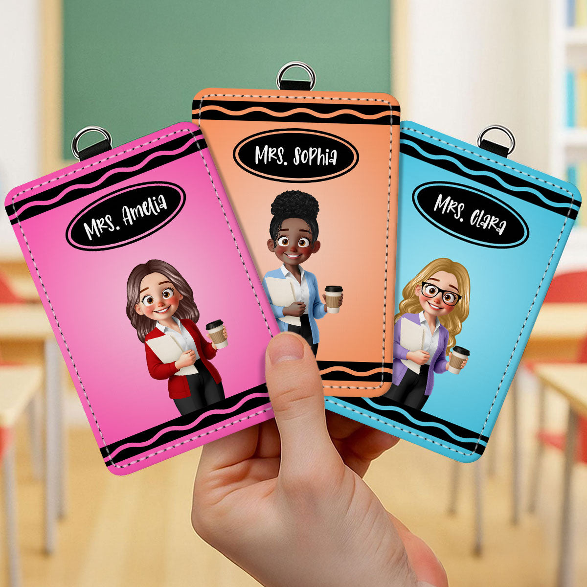 Crayon Themed Cartoon Teacher Personalized ID Badge Holder, Back To School Gift