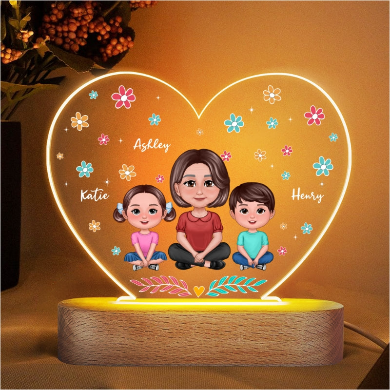 Pretty Doll Mom Grandma And Kids Flowers Personalized Heart Acrylic LED Night Light