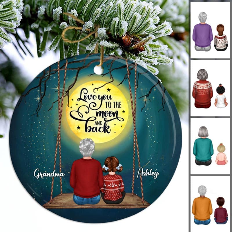Love To The Moon Grandma Grandkids On Swing Personalized Circle Ornament