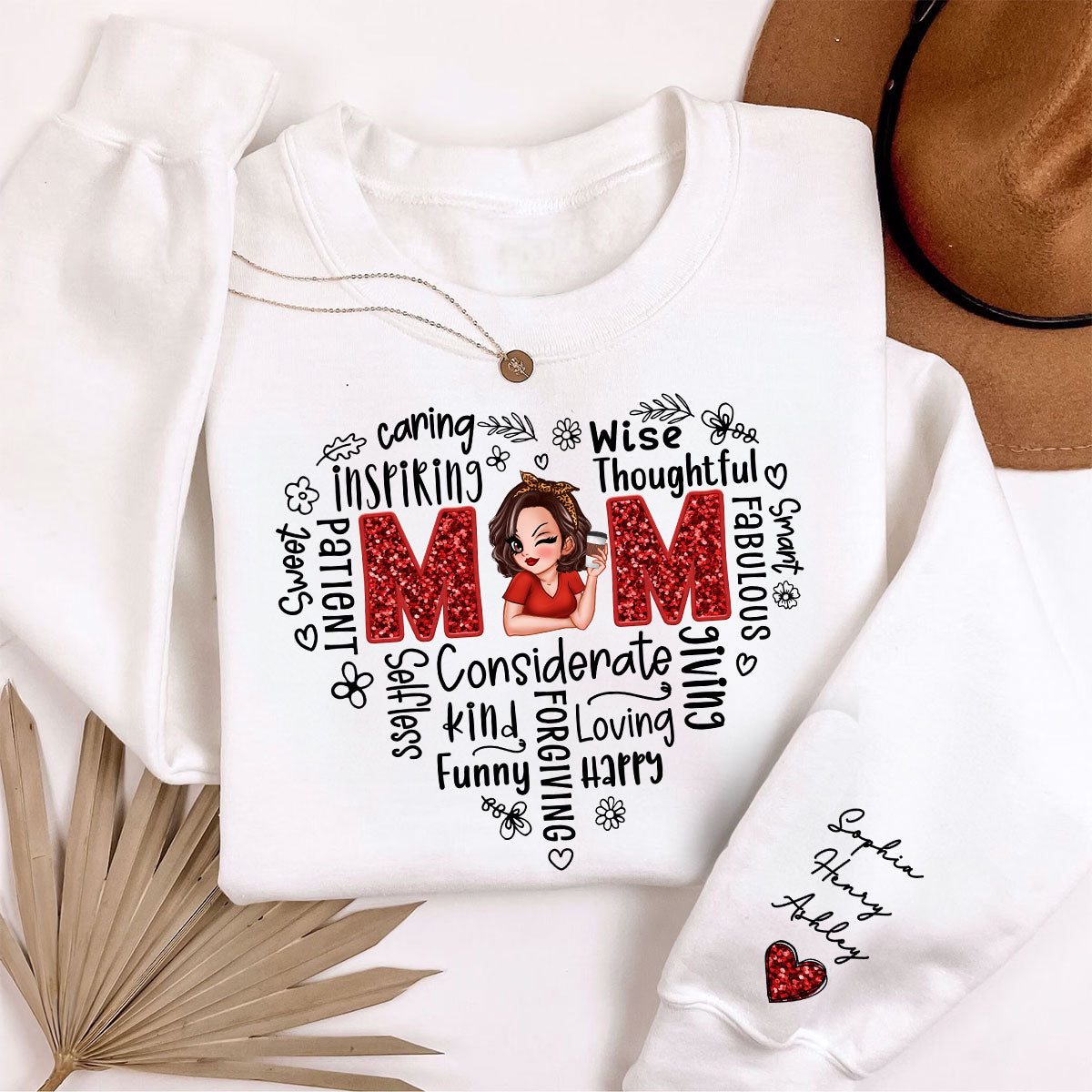 Mom Word Art Pretty Woman With Kids Names On Sleeve Personalized Sleeve Printed Sweatshirt