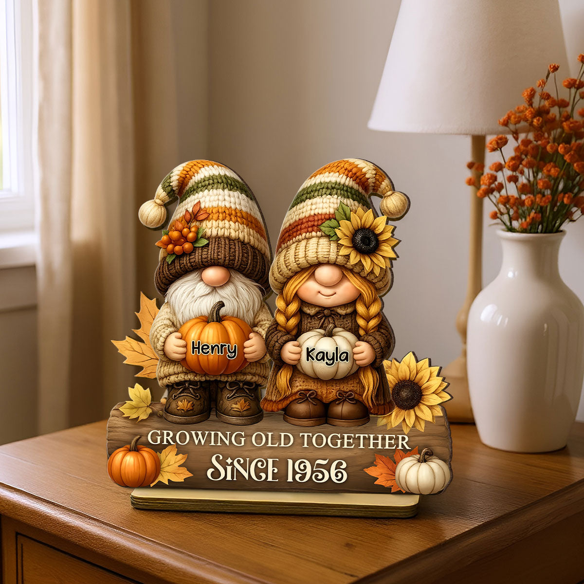 Gnome Couple Growing Old Together Personalized Standing Wooden Plaque, Fall Decor for Couple