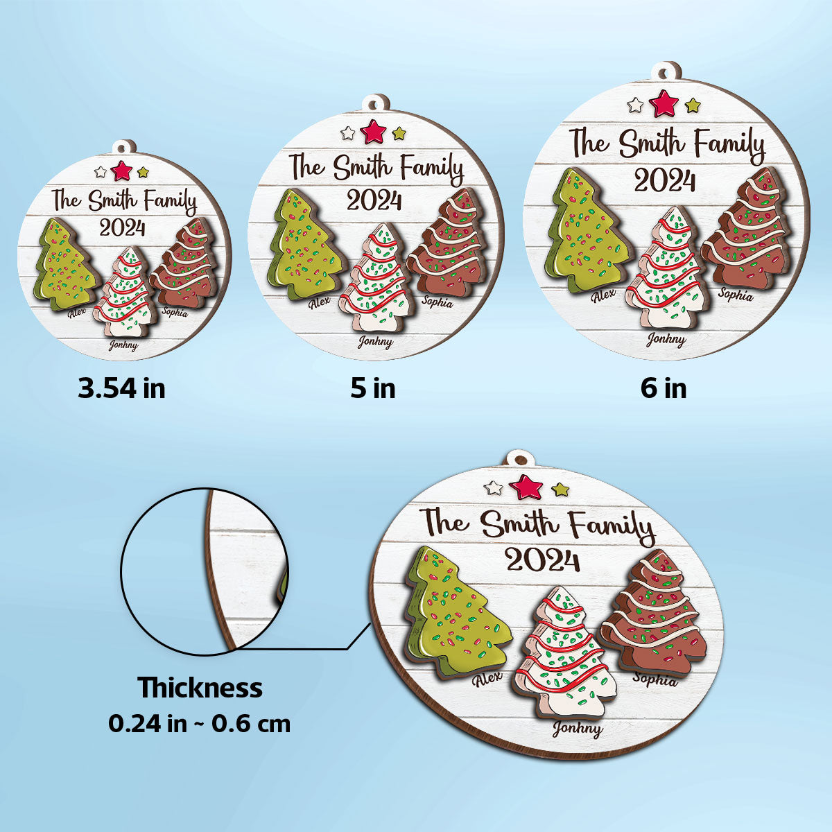 Christmas Tree Cakes Family Members Name Personalized 2-Layer Wooden Ornament