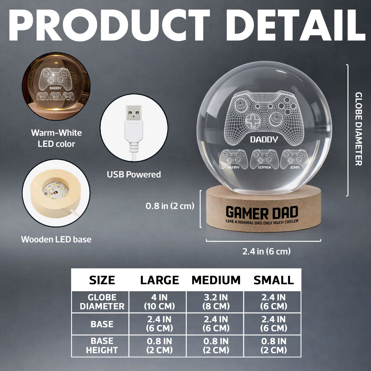 Gamer Dad Like A Normal Dad But Cooler - Personalized Crystal Ball LED Night Light - Father's Day Gift For Dad