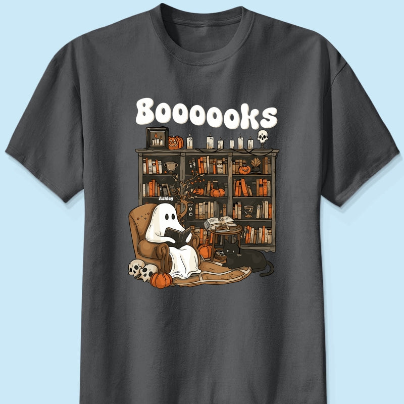 Booooks Retro Ghost Reading Books Personalized Halloween Shirt for Book Lover, Librarian, Teacher