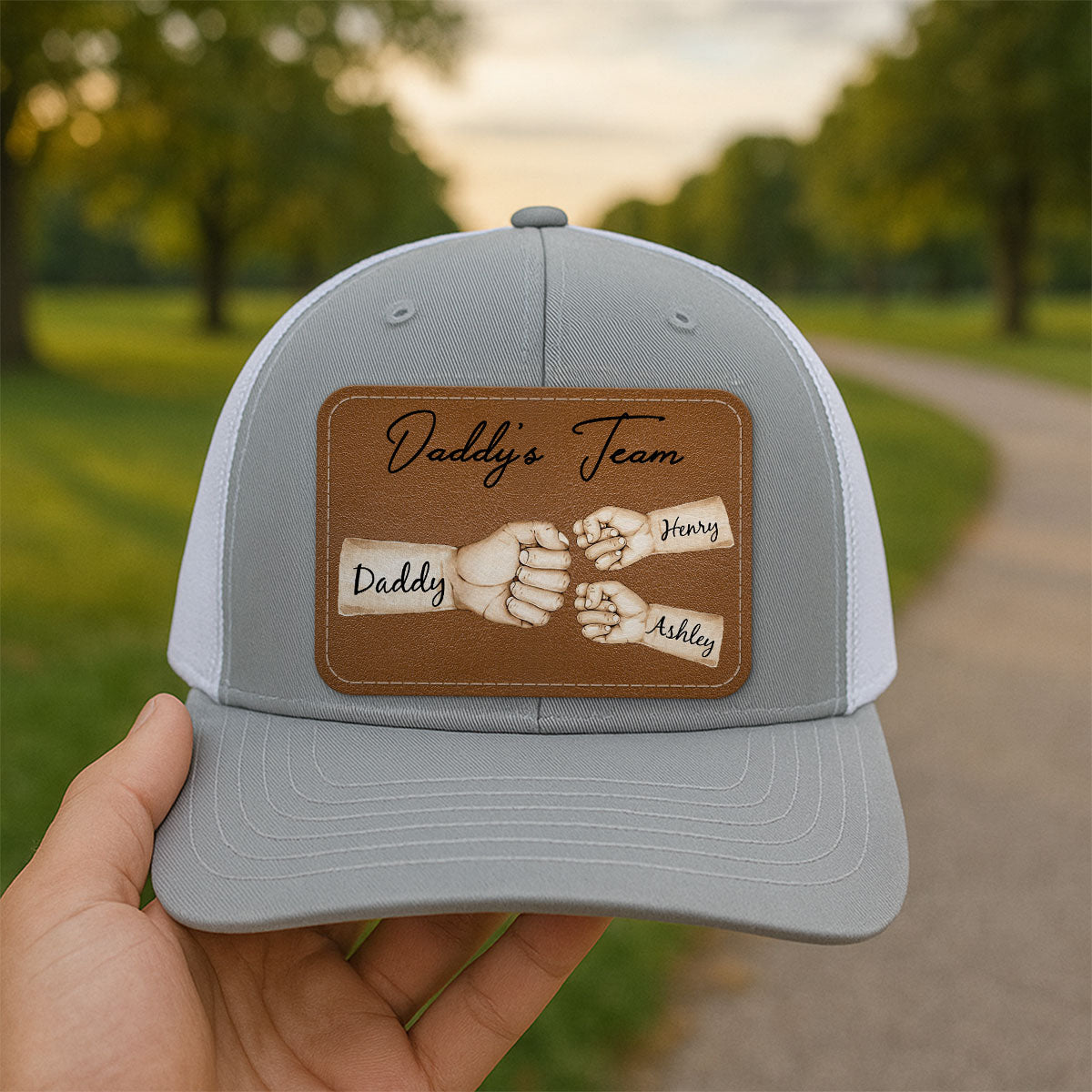 Daddy's Team Fist Bump Personalized Leather Patch Hat, Trucker Cap| Cool Father's Day Gift For Dad, Husband