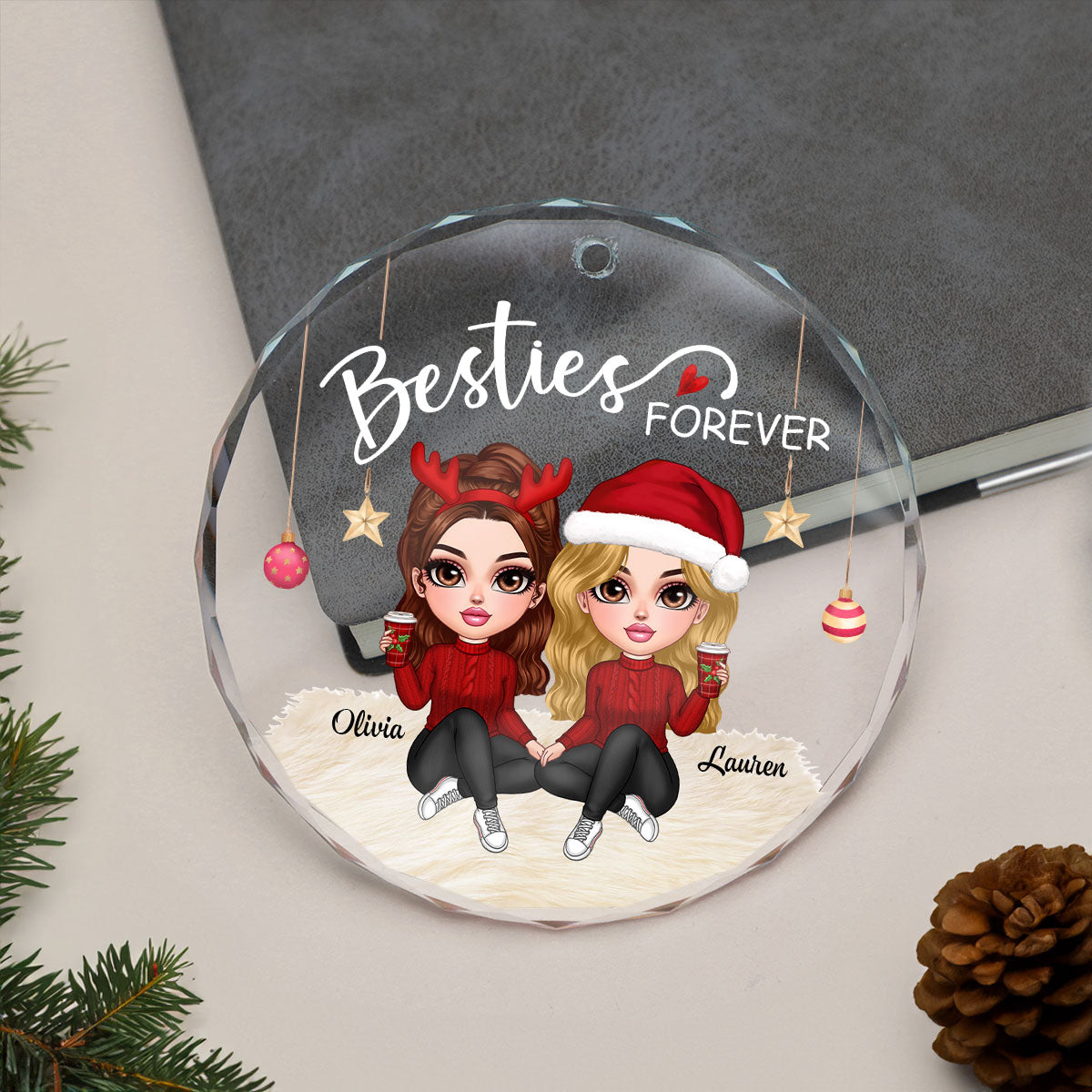 Besties Forever Y2K Best Friends Personalized Glass Ornament, Friendship Christmas Gift