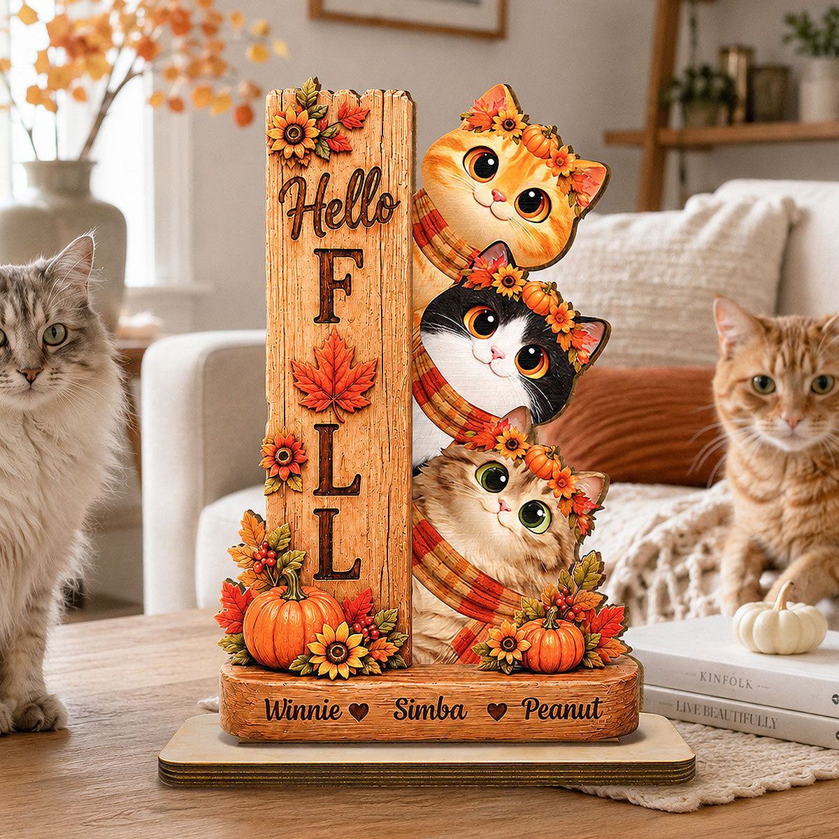 Hello Fall Cats 2D Flat - Personalized Wooden Plaque - Fall Season Decoration