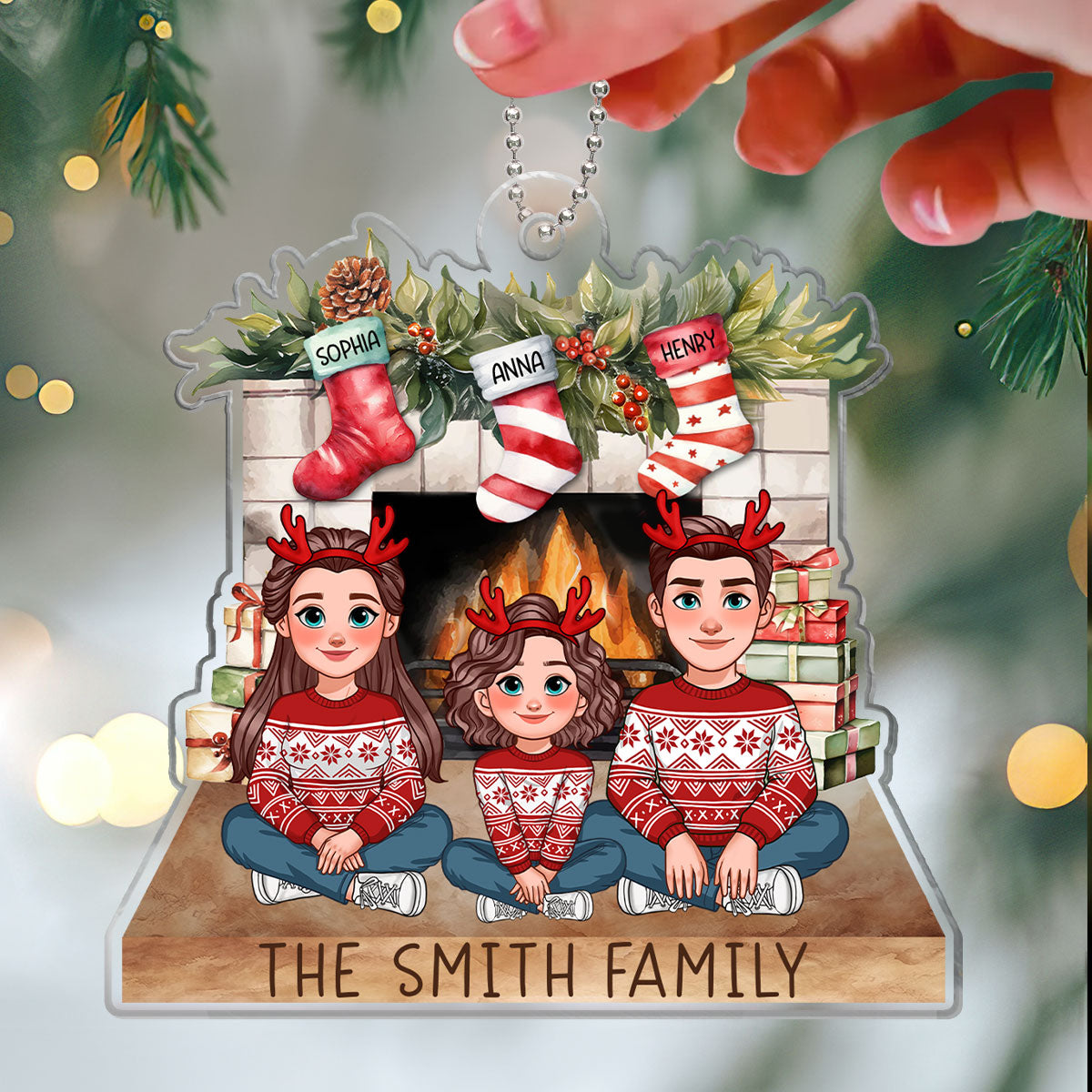 Animated Family Sitting At Christmas Fireplace Personalized Acrylic Ornament