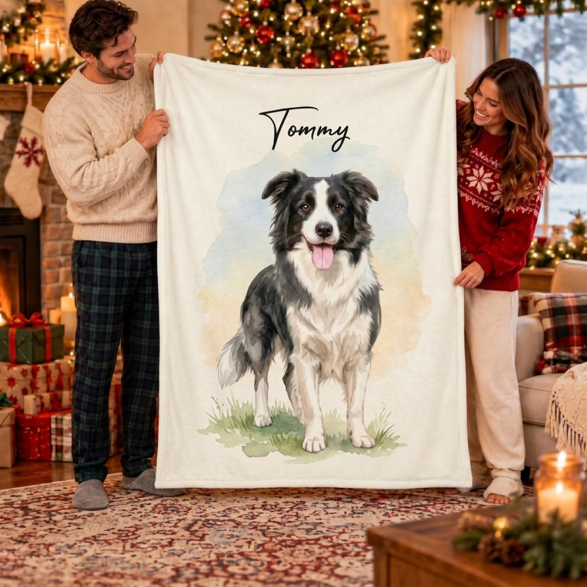 Custom Dog Cat Watercolor Portrait from Photo - Personalized Fleece Blanket - Christmas Gift for Dog Lovers, Memorial Gift