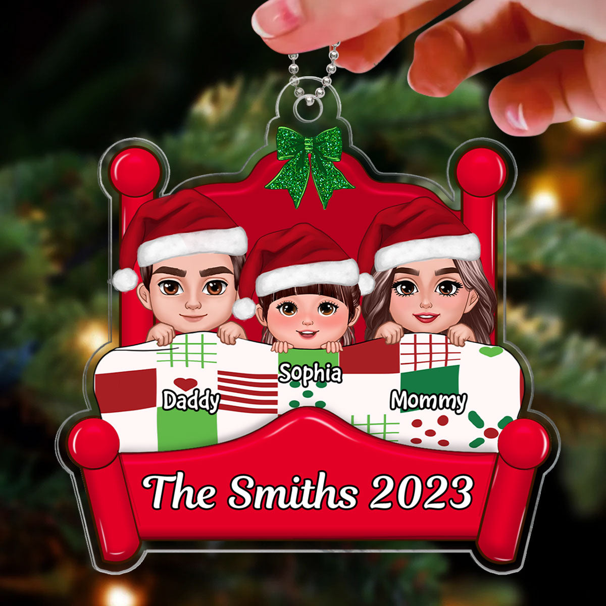 Christmas Family Dad Mom Kids Dogs Cats On Bed Personalized Acrylic Ornament