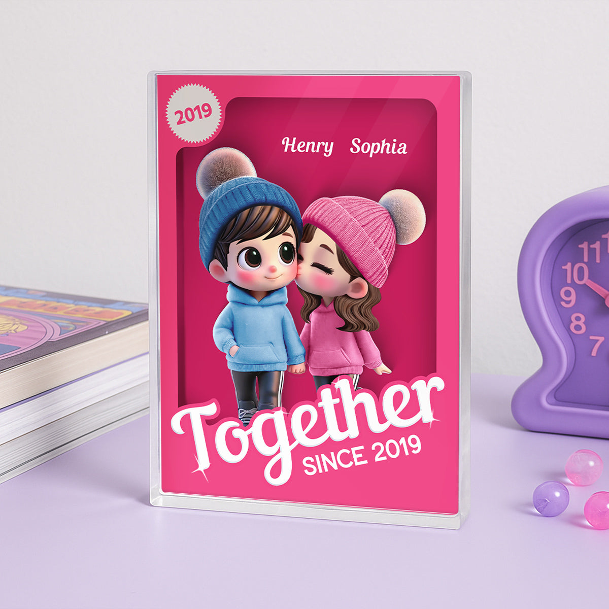 Couple Partners In Crime Pink Toy Box 3D Effect Personalized Acrylic Block