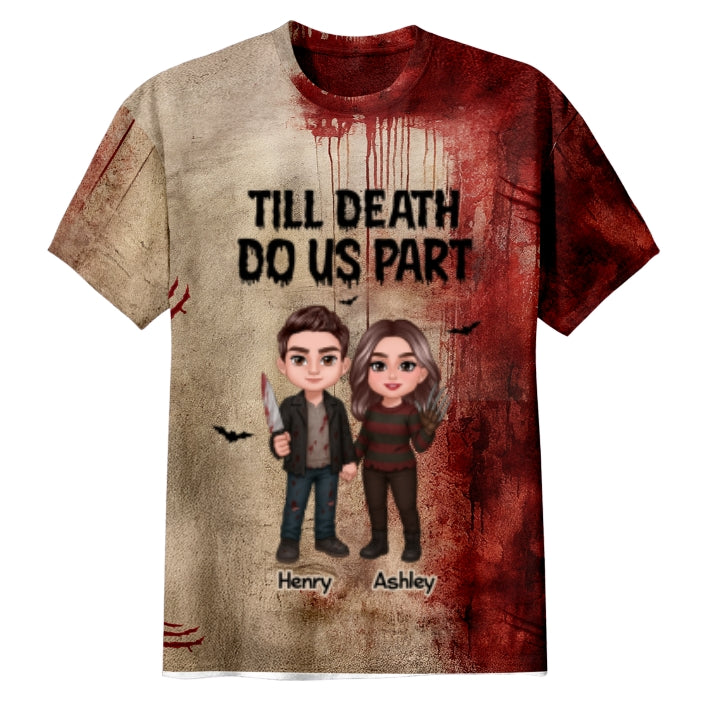 Halloween Horror Theme Couple Till Death Do Us Part - Personalized Shirt - Halloween Matching Shirts For Couple