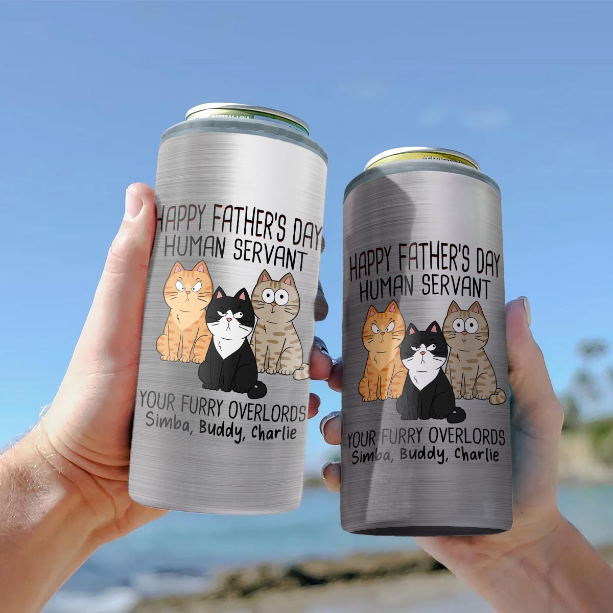Happy Father‘s Day Human Servant Funny Cute Cats Personalized Can Cooler, Gift For Cat Dad